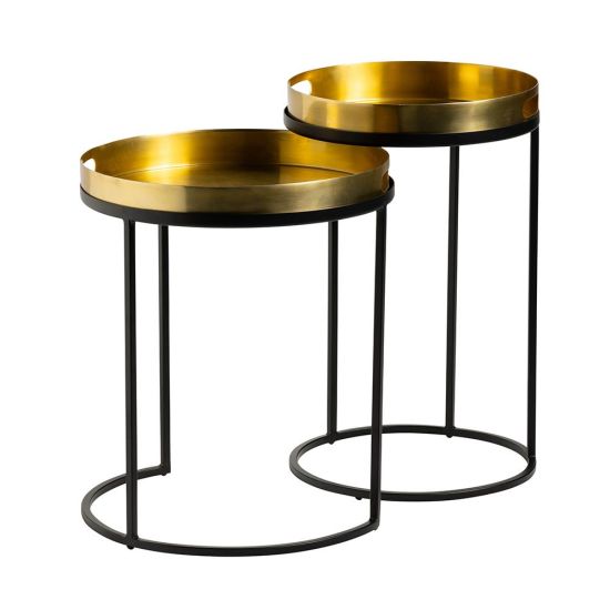 Annalee Nesting Side Tables - Round Brass Metal Top - Black Frame