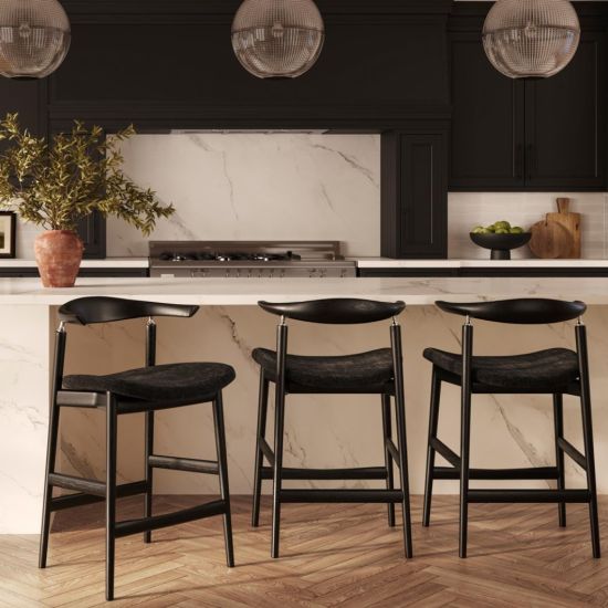 OTI Seine Counter Stool - Coal Grey Velvet Fabric Seat - Black Ash Frame