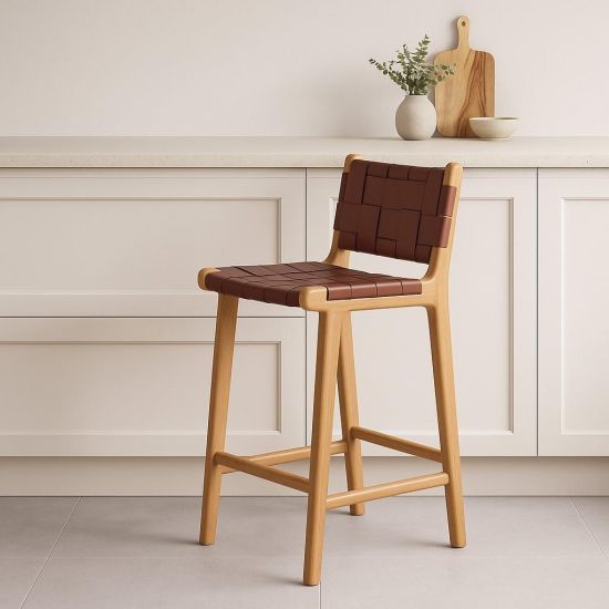 Lisbon Bar Stool - Brown Leather Seat - Teak Frame - 66cm