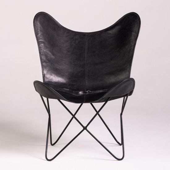 Butterfly Accent Chair - Black Real Leather Seat - Black Base