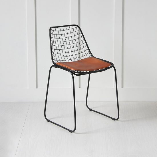 Wire Dining Chair - Tan Seat Pad - Black Frame