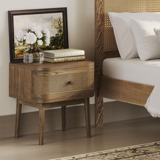 Westbury  Bedside Table - Weaved Design Single Drawer - Smoked Natural Wood Grain