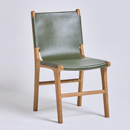 London Dining Chair - Green Real Leather Sling Seat - Teak Frame