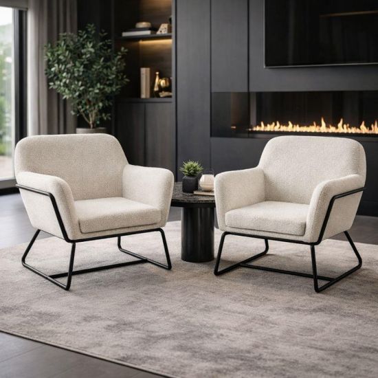 Troy Armchair - Cream Boucle Fabric Accent Seat - Matt Black Metal Frame