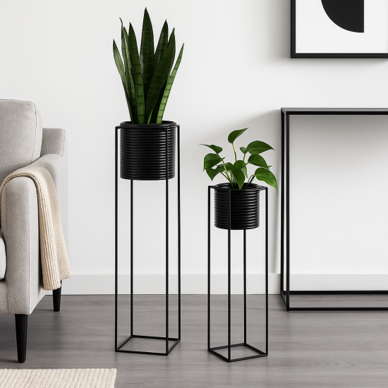 Char Plant Pots - Black Rattan Planter - Black Iron Stand - Set of 2