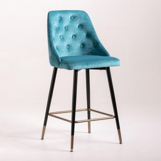 Belgravia Bar Stool - Velvet Blue Turquoise Seat - Black & Brass Metal Legs - 66cm