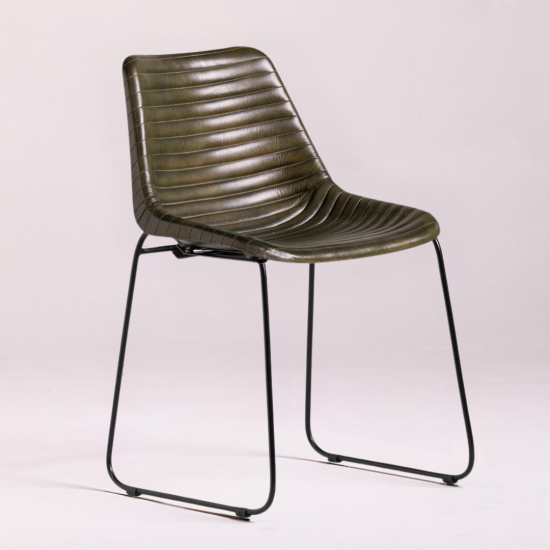 Deluxe RH Dining Chair - Green Ribbed Real Leather Seat - Black Base