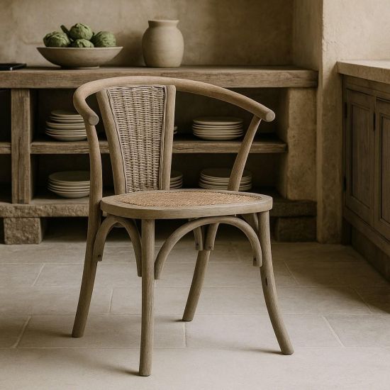 Farmhouse Dining Chair - Cane Wicker Seat - Curved Elm Frame