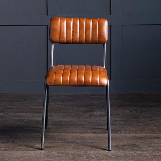 Diner Dining Chair - Tan Real Leather Seat - Natural Metal Frame