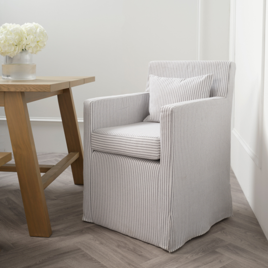 Horizon Dining Chair - Grey & White Stripe Cotton Blend Fabric Seat