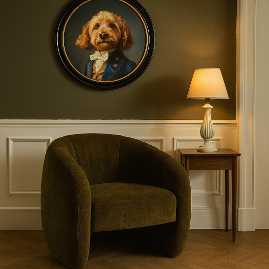 Dignified Dog Framed Wall Art - Black & Gold Round Frame