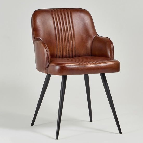 Ancoats Dining Chair - Brown Real Leather Seat - Black Metal Base
