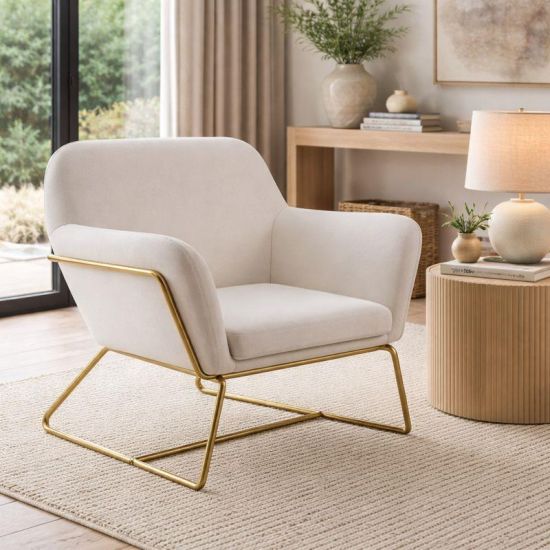 Troy Armchair - Cream Velvet Fabric Seat - Brushed Gold Metal Frame