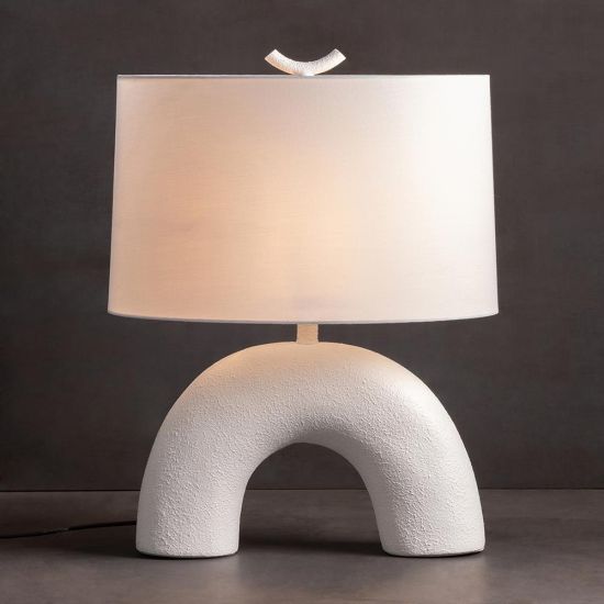 Sydney Table Lamp - Linen Light Shade - White Stone Effect Ceramic Base - 56cm
