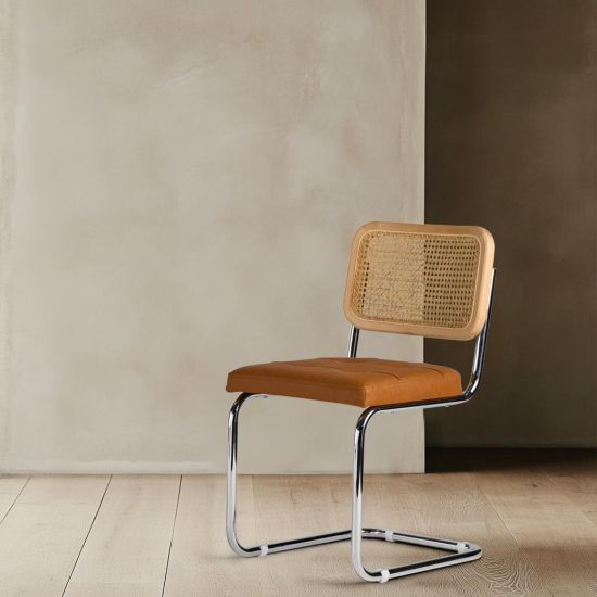 Cesca Inspired Dining Chair - Tan PU Leather Seat - Chrome Frame