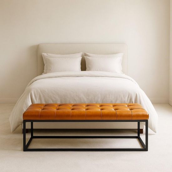 Oxford Ottoman - Tan Leather seat - Black Base - 140cm