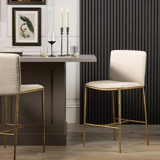 Theodorus Bar Stool - Cream Boucle Fabric - Golden Forged Frame - 66cm