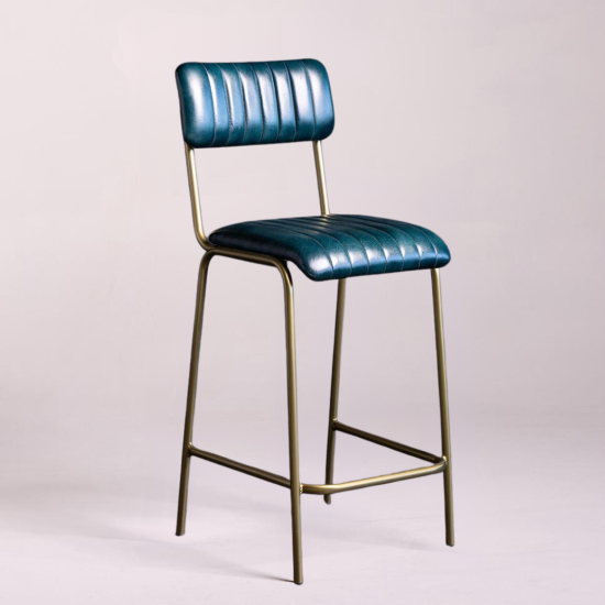 Diner Bar Stool - Blue Real Leather Seat - Antique Brass Metal Frame - 66m