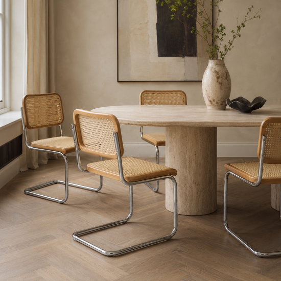 Cesca Inspired Dining Chair - Brown Wood and Natural Rattan Cane Seat - Chrome Frame