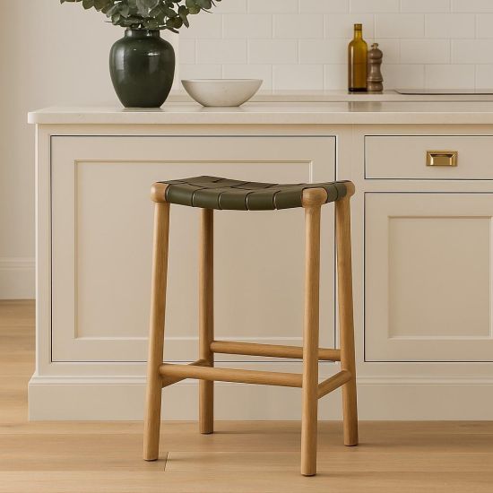London Backless Bar Stool - Green Leather Seat - Teak Frame - 66cm
