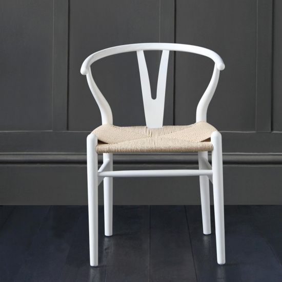 Wishbone Dining Chairs Hans Wegner Reproduction White /Ash and Natural Seat