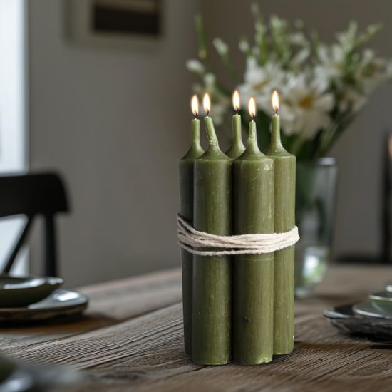 Rustic Dinner Candle - 11cm - 4.5 Hours Burn Time - Olive Green - 5 Pack