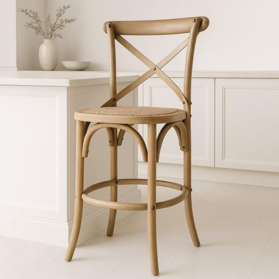 French Cross-Back Counter Stool - Natural Rattan Seat - Light Oak Frame - 66cm