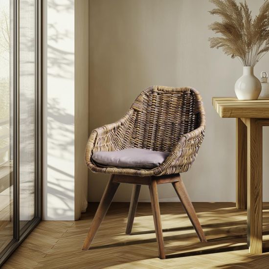 Solo Dining Chair - Natural Rattan Cane Seat - Teak Base