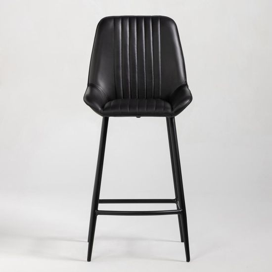 Brooklyn Bar Stool - Black Real Leather Seat - Black Metal Base 75cm