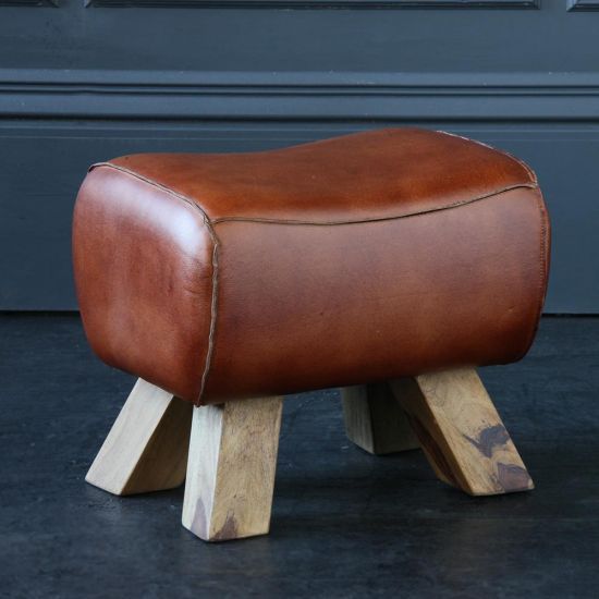 Pommel Footstool - Tan Real Leather Seat - Natural Legs