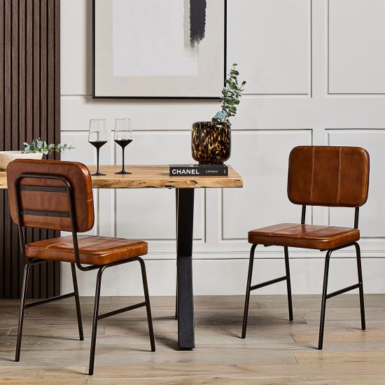 Castlefield Dining Chair - Brown Real Leather Seat - Black Base