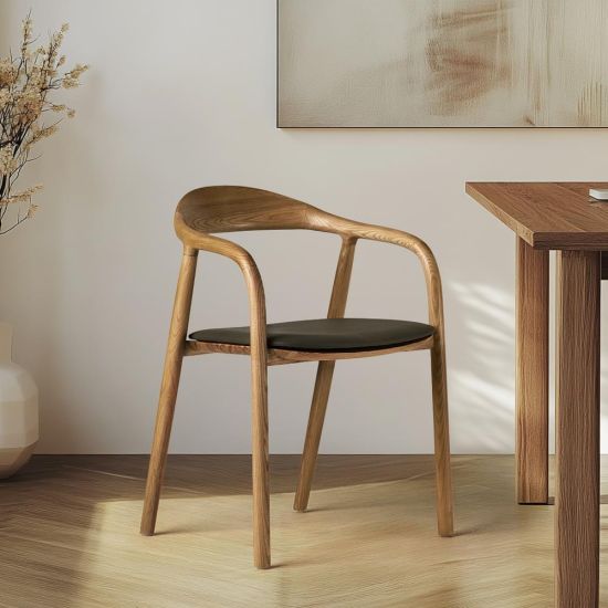 Copenhagen Dining Chair - Black Faux Seat Pad - Oak Bow Back Frame