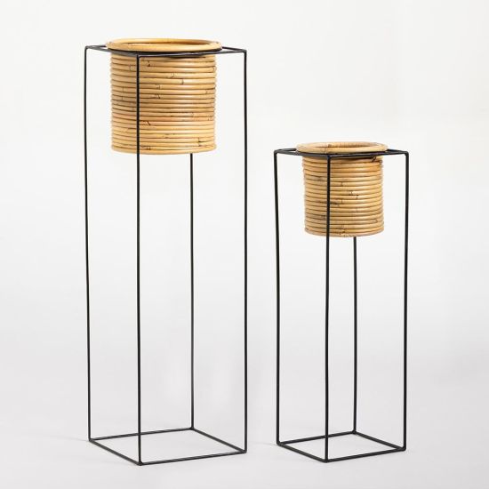 Char Plant Pots - Natural Rattan Planter - Black Iron Stand - Set of 2