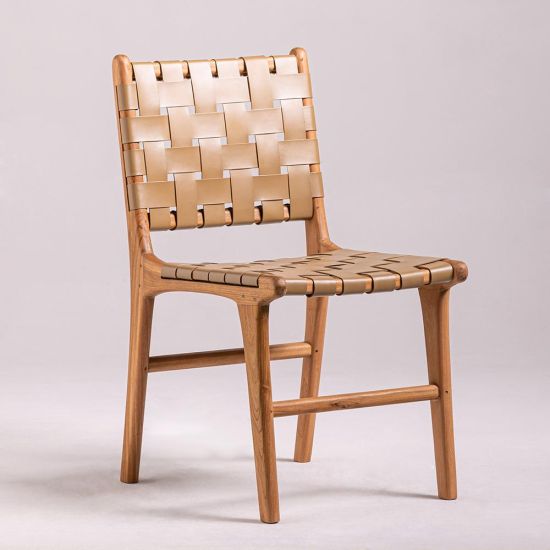 London Dining Chair - Taupe Real Leather Strap Seat - Teak Frame