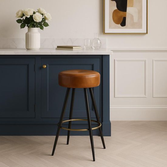 Crompton Bar Stool - Tan Leather Seat - Pewter and Brass Base - 66cm