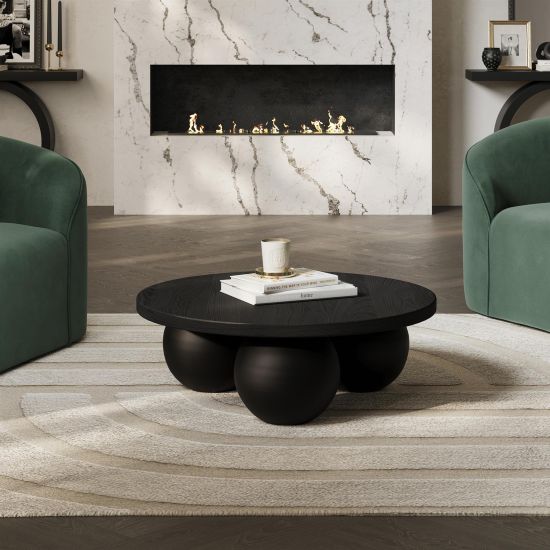 Dukinfield Coffee Table - Black Round Top - Concrete Unique Base - 30 x 90cm