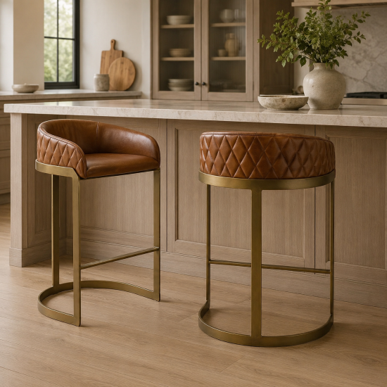 Spinningfields Bar Stool - Brown Leather Seat - Gold Base - 66cm