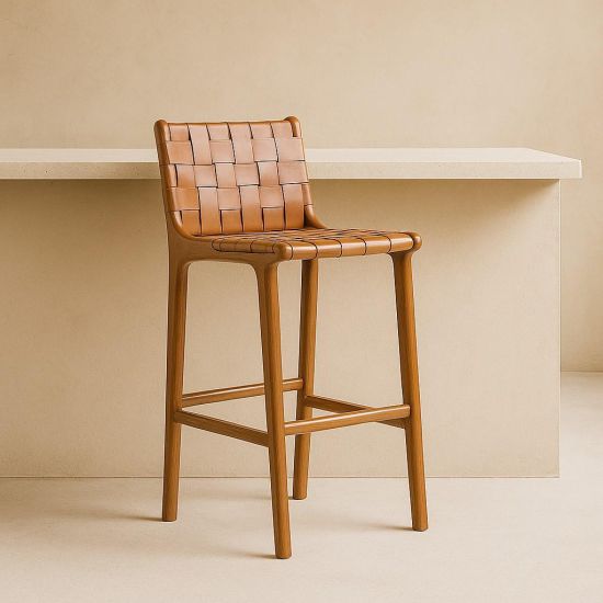 London Bar Stool Tan Real Leather Woven Counter 64cm Seat Height Teak Frame