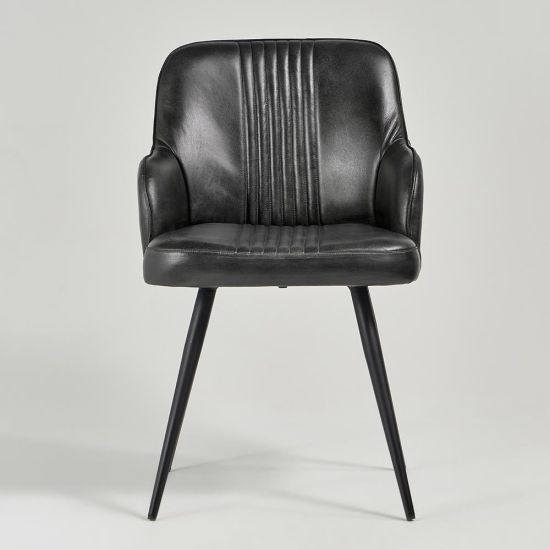 Ancoats Dining Chair - Black Real Leather Seat - Black Base