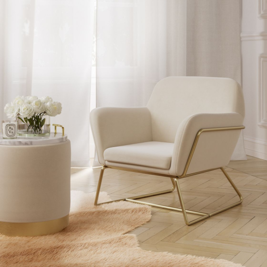 Troy Armchair - Cream Velvet Fabric Accent Seat - Brushed Gold Metal Frame