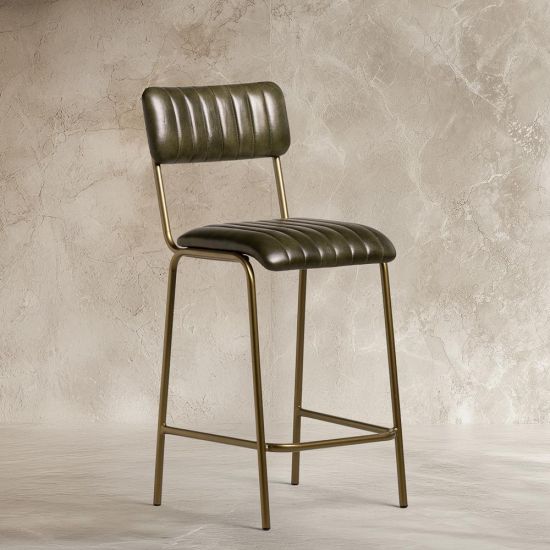 Diner Bar Stool - Green Leather Seat - Antique Brass Metal Frame - 66cm