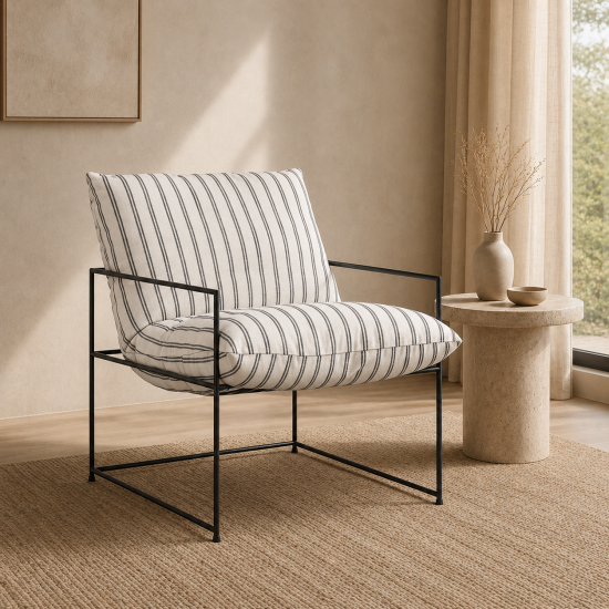 Parker Accent Chair - Chalk Stripe Fabric Cushion Seat - Black Metal Frame