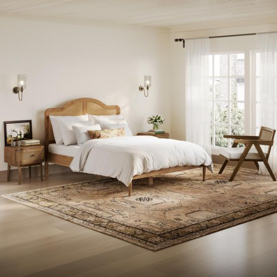 Ethereal Double Bed Frame - Smoked Wood - Curved Cane Headboard