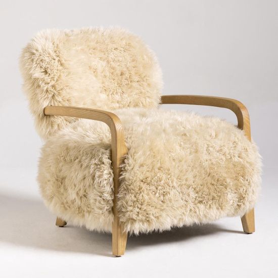 Eskimo Accent Chair - Long Real Sheepskin Fur - Natural - Solid Oak Frame