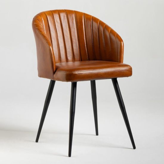 Wilson Dining Chair - Tan Real Leather Seat - Black Metal Base