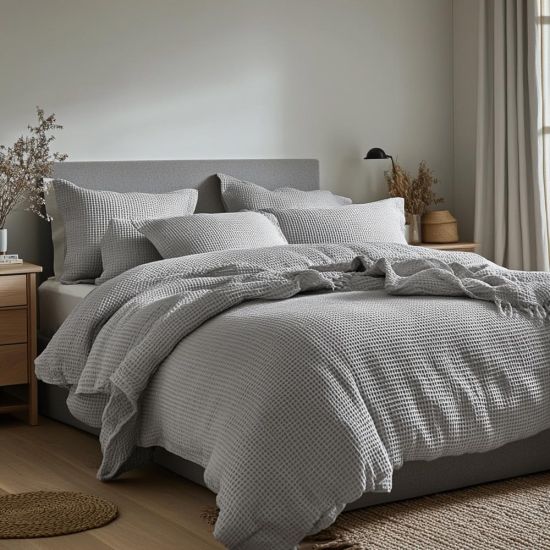 Duvet Cover & Pillowcase Set - Light Grey - Cotton Waffle Design - Double