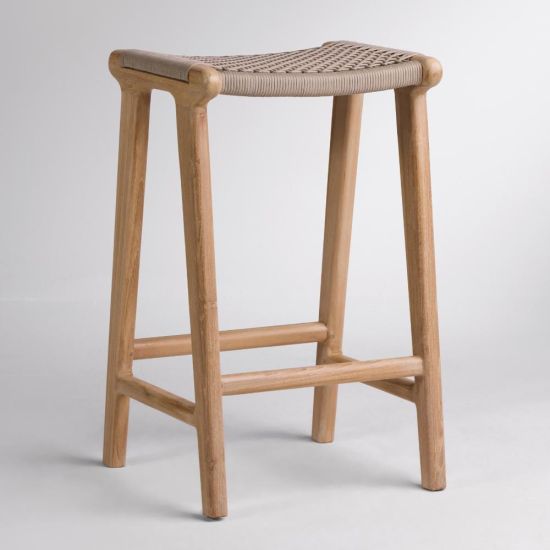 London Bar Stool Grey Rope Woven Counter 66cm Seat Height Teak Backless Base