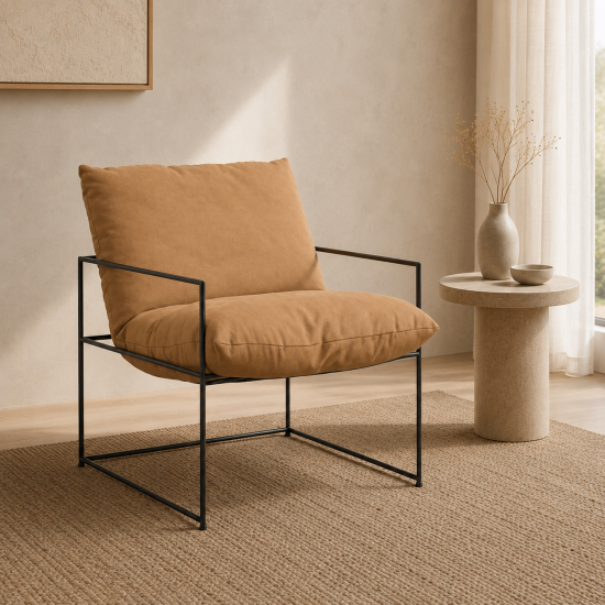Parker Accent Chair - Tobacco Fabric Cushion Seat - Black Metal Frame