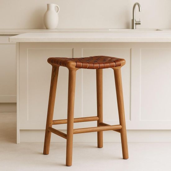Sofia Bar Stool - Brown Woven Leather Seat - Teak Backless Frame - 66cm