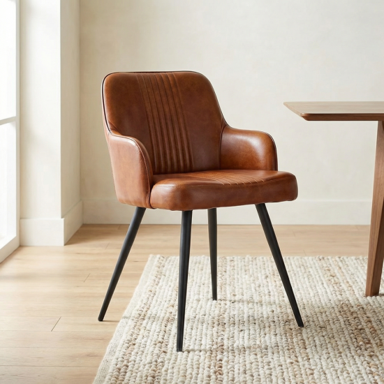Ancoats Dining Chair - Tan Leather Seat - Black Metal Base